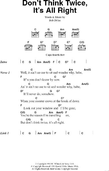 Don T Think Twice It S All Right Guitar Chords Lyrics