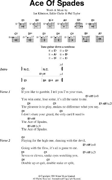 Ace Of Spades Guitar Chords Lyrics Zzounds