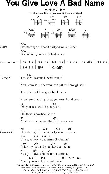 You Give Love A Bad Name Guitar Chords Lyrics Zzounds