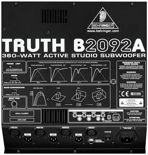 Behringer B2092A Active Studio Subwoofer (360 Watts), Rear