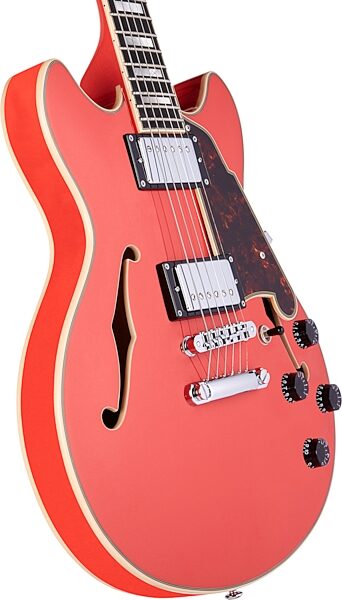 D'Angelico Premier Mini DC Stopbar Electric Guitar (with Gig Bag), Fiesta Red, Angled Front
