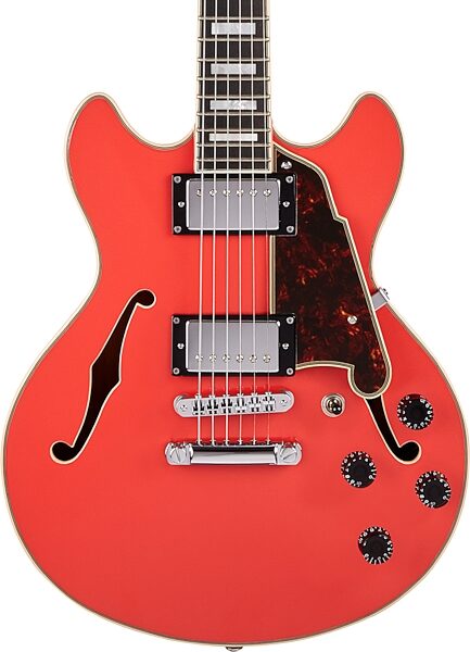 D'Angelico Premier Mini DC Stopbar Electric Guitar (with Gig Bag), Fiesta Red, Detail Front