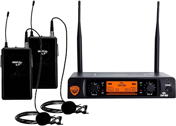 Nady DW22LT Dual Transmitter Digital Lavalier Microphone System, Channel D13/D14, Action Position Back