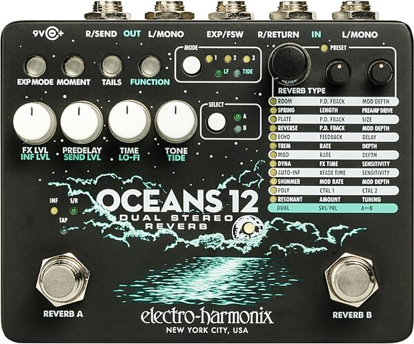 Electro-Harmonix Oceans 12 Dual-Stereo Reverb Pedal, New, Action Position Back