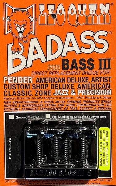 Leo Quan Badass III Bass Guitar Bridge, Black, 4-String, Main with all components Front