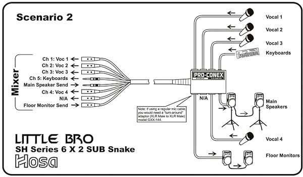 Hosa Little Bro Snake (XLR x 6, 1/4" TRS x 2), 20 Foot, SH6220, Use Scenario 2