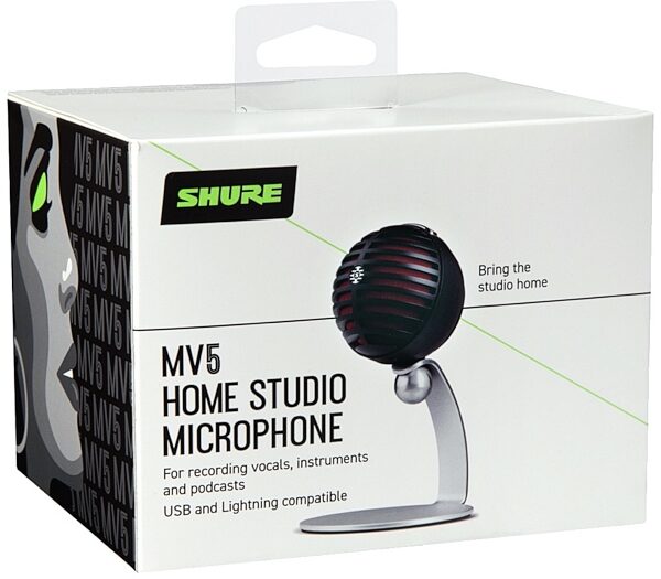 Shure MOTIV MV5 USB Digital Condenser Microphone (with USB-A and Lightning Cables), Black, Package