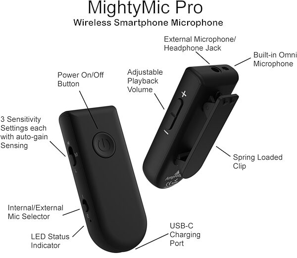 Ampridge MightyMic Pro Wireless Smartphone Microphone, New, Detail Front