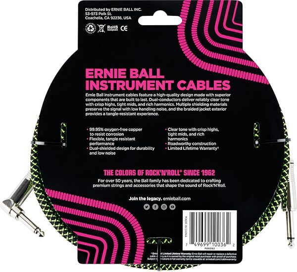 Ernie Ball Braided Straight/Angle Instrument Cable, Black and Green, 18', Action Position Back