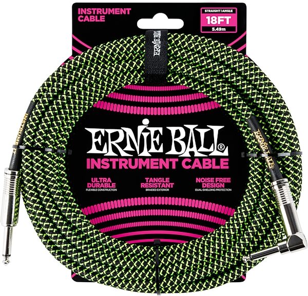 Ernie Ball Braided Straight/Angle Instrument Cable, Black and Green, 18', Action Position Back