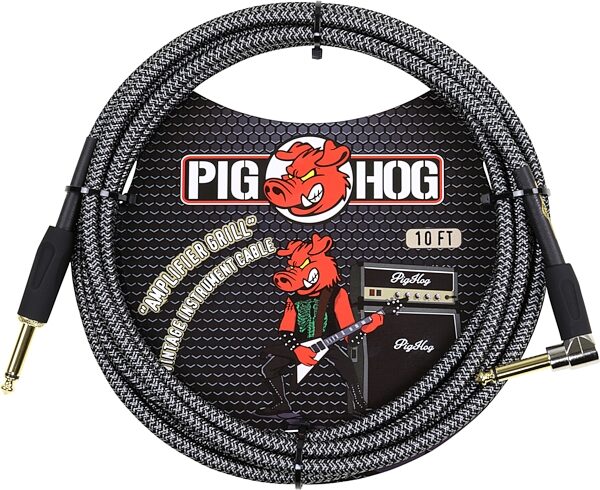Pig Hog Vintage Series Instrument Cable, 1/4" Straight to 1/4" Right Angle, Amp Grill, 10', Action Position Back