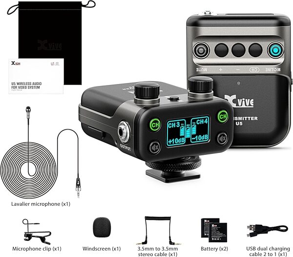 Xvive U5T2 Dual-Channel Digital Wireless Lavalier Camera Microphone System, New, Package Includes