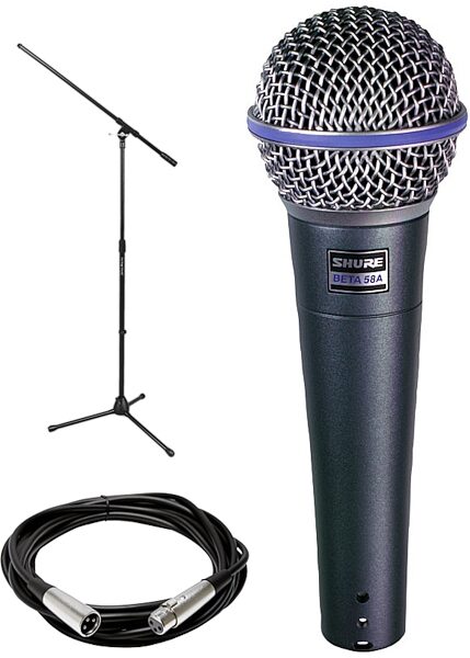 Shure Beta 58A Supercardioid Dynamic Microphone, With Tripod Boom Stand and Mic Cable (20 Foot), Shure-Beta58-Package