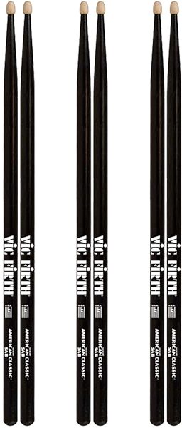 Vic Firth American Classic 2B Drumsticks, Black, Wood Tip, 3-Pack, pack