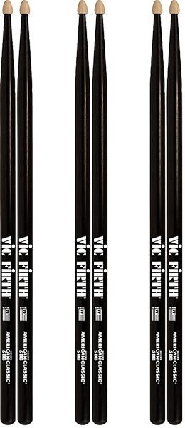 Vic Firth American Classic 5B Drumsticks, Black, Wood Tip, 3-Pack, pack