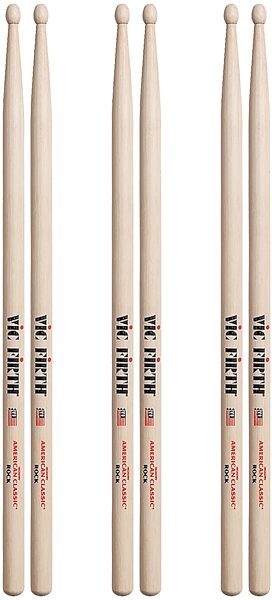 Vic Firth American Classic Rock Drumsticks, Wood Tip, 3-Pack, pack