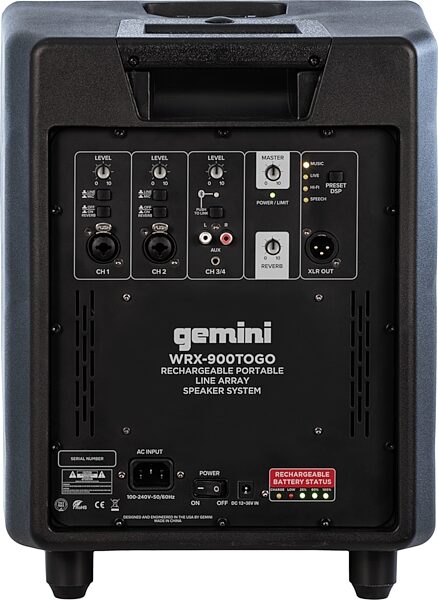 Gemini WRX-900TOGO Portable Line Array PA System, New, Rear detail Back