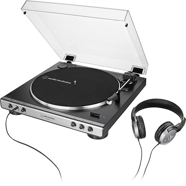 Audio-Technica AT-LP60XHP Belt-Drive Turntable + Headphones Combo Pack, Gray Metallic, Action Position Back