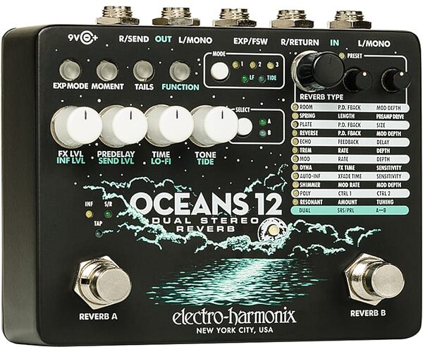 Electro-Harmonix Oceans 12 Dual-Stereo Reverb Pedal, New, Action Position Back