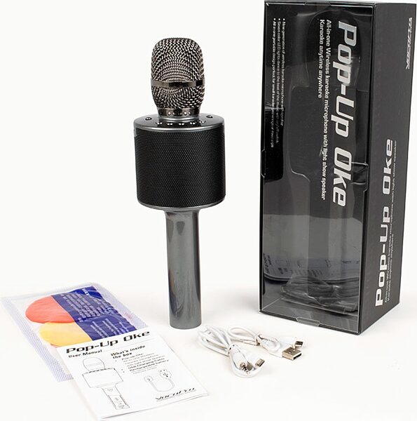 VocoPro Pop-Up Oke All-In-One Wireless Karaoke Microphone, Single, Main with all components Front