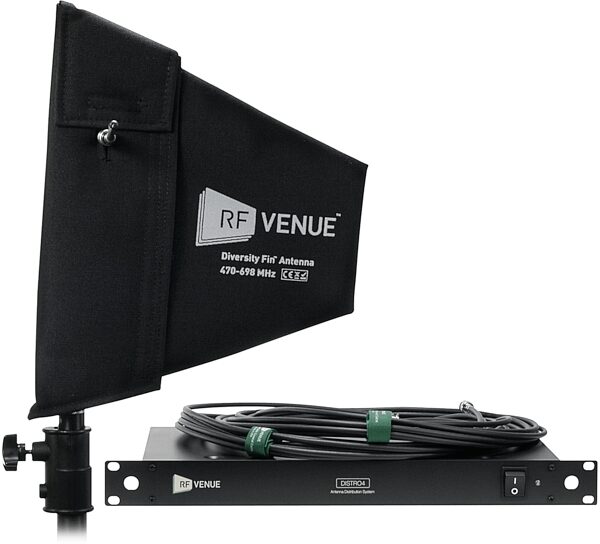 RF Venue Diversity Fin Antenna and DISTRO4 Distribution System Bundle, Black Antenna, with Padded Cover and Threaded Stand Mount, Main