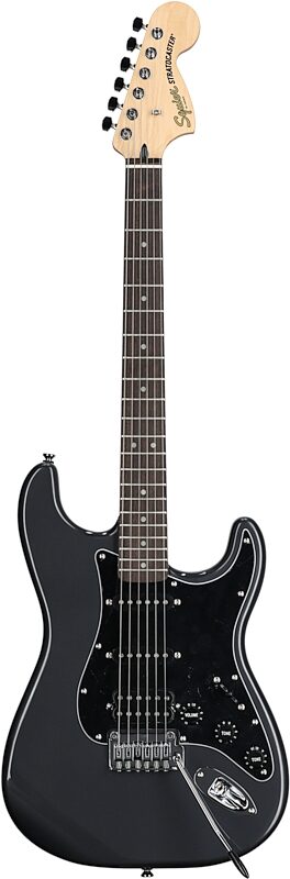 Squier Affinity Strat HSS Electric Guitar Pack, Maple Fingerboard, Charcoal Frost Metallic, Full Straight Front