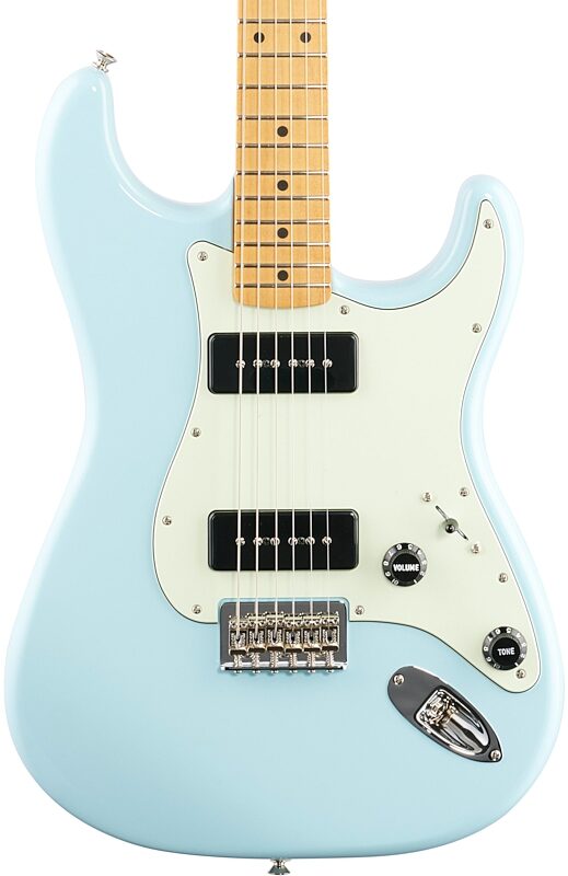 Fender Noventa Stratocaster Electric Guitar (with Gig Bag), Daphne Blue, Body Straight Front