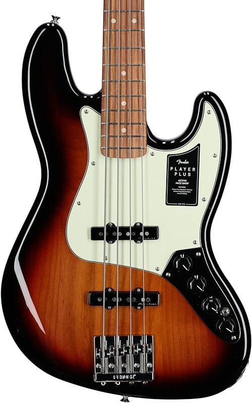 Fender Player Plus Jazz Electric Bass, Pau Ferro Fingerboard (with Gig Bag), 3-Color Sunburst, Body Straight Front