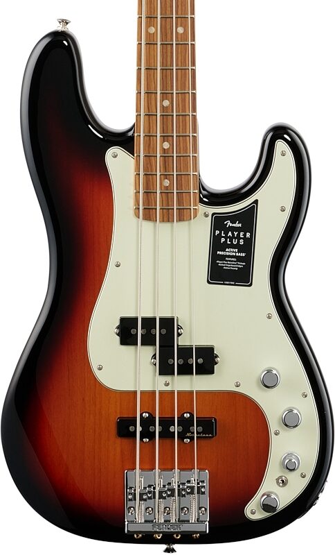 Fender Player Plus Precision Electric Bass, Pau Ferro Fingerboard (with Gig Bag), 3-Color Sunburst, Body Straight Front