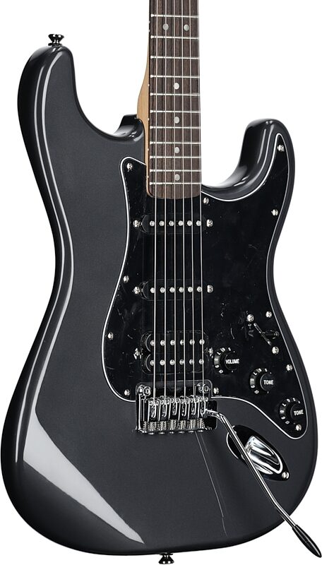 Squier Affinity Strat HSS Electric Guitar Pack, Maple Fingerboard, Charcoal Frost Metallic, Full Left Front