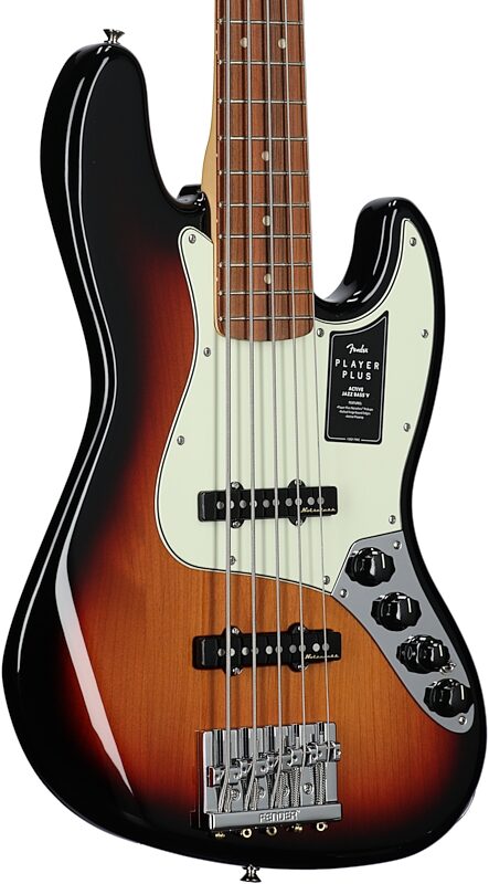 Fender Player Plus V Jazz Electric Bass, Pau Ferro Fingerboard (with Gig Bag), 3-Color Sunburst, Full Left Front