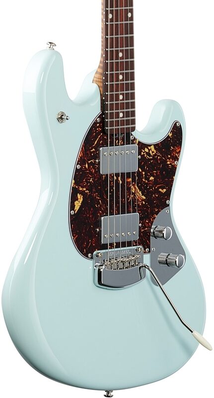 Ernie Ball Music Man StingRay HH Tremolo Electric Guitar, Rosewood Fingerboard (with Case), Powder Blue, Full Left Front